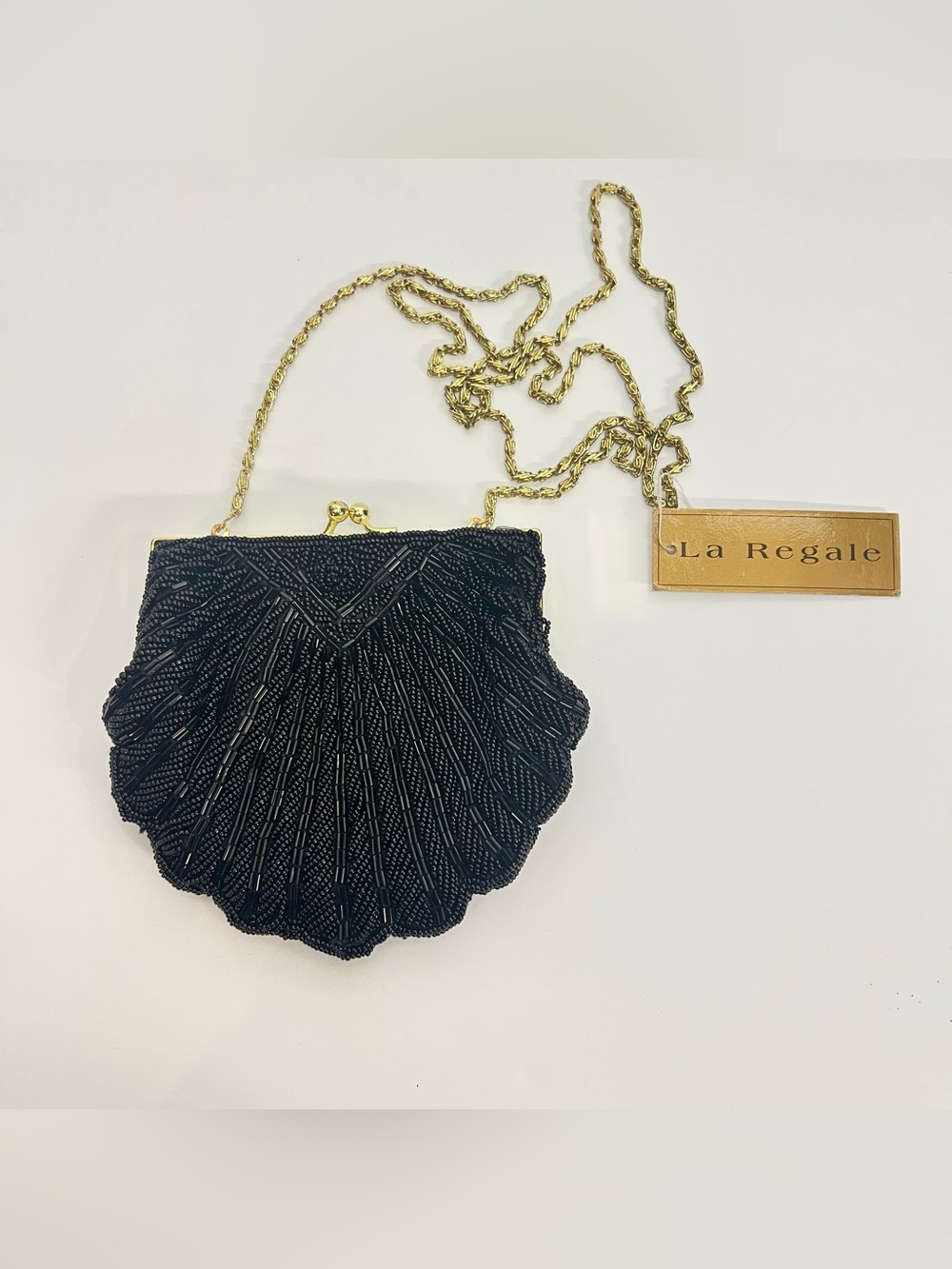 La Regale Black Beaded Shell Evening Clutch with Gold Chain & Cord- NWT